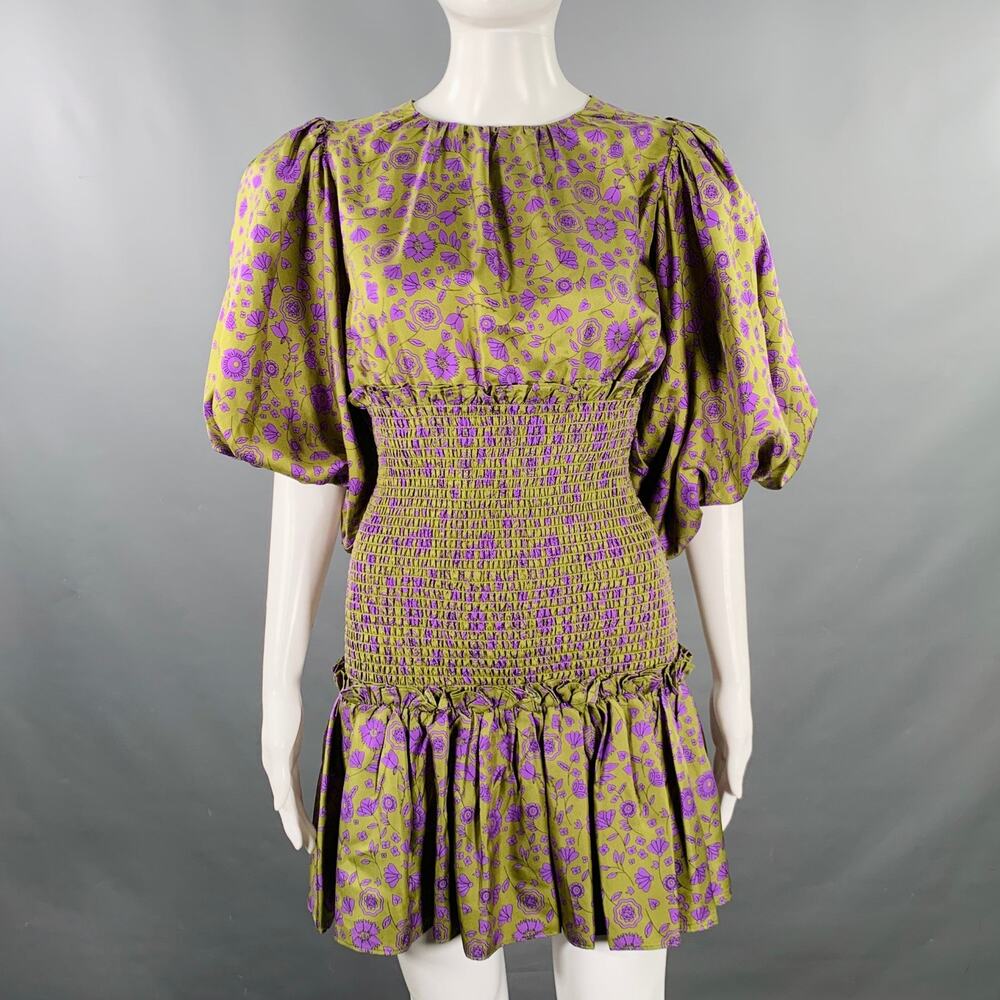 CYNTHIA ROWLEY Size XS Green Purple Silk Twill Floral Ruched Dress